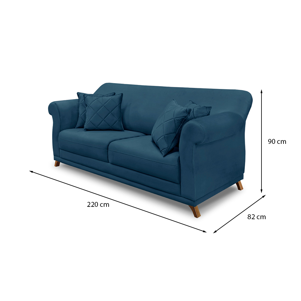 Sofá 3 Lugares Abruzzo Veludo Azul Marinho 220 cm