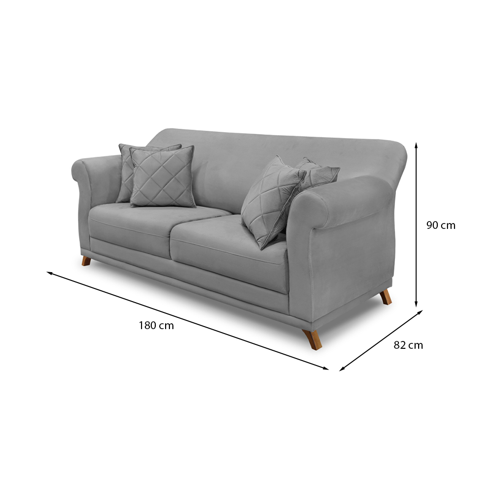 Sofá 3 Lugares Abruzzo Veludo Cinza 180 cm
