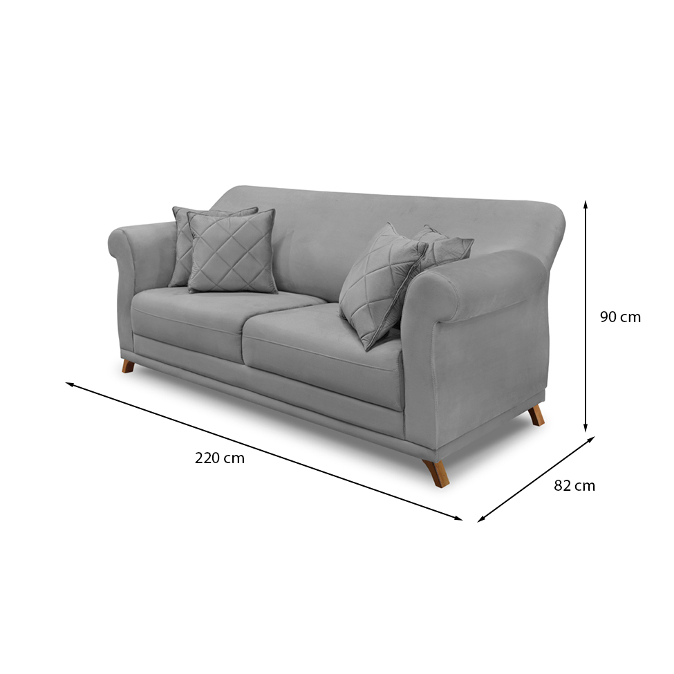 Sofá 3 Lugares Abruzzo Veludo Cinza 220 cm