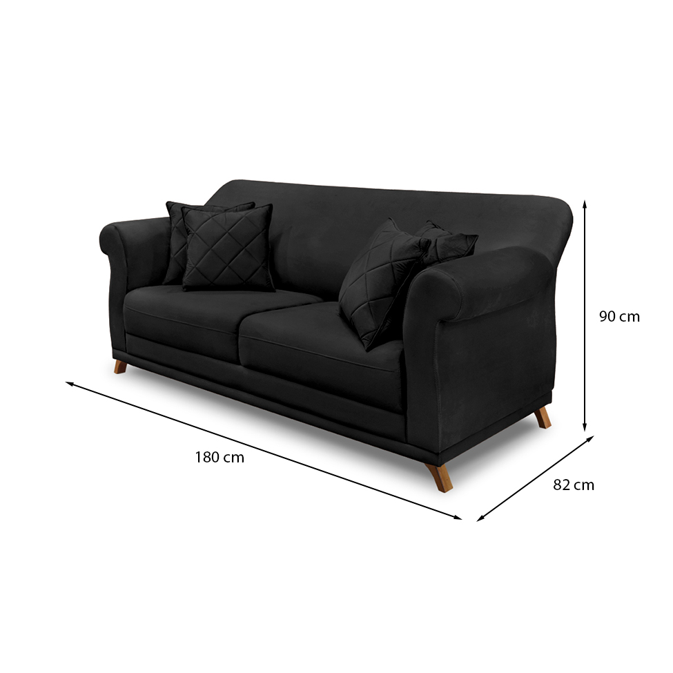 Sofá 3 Lugares Abruzzo Veludo Preto 180 cm