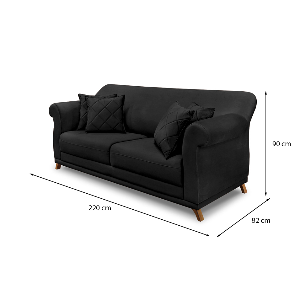 Sofá 3 Lugares Abruzzo Veludo Preto 220 cm