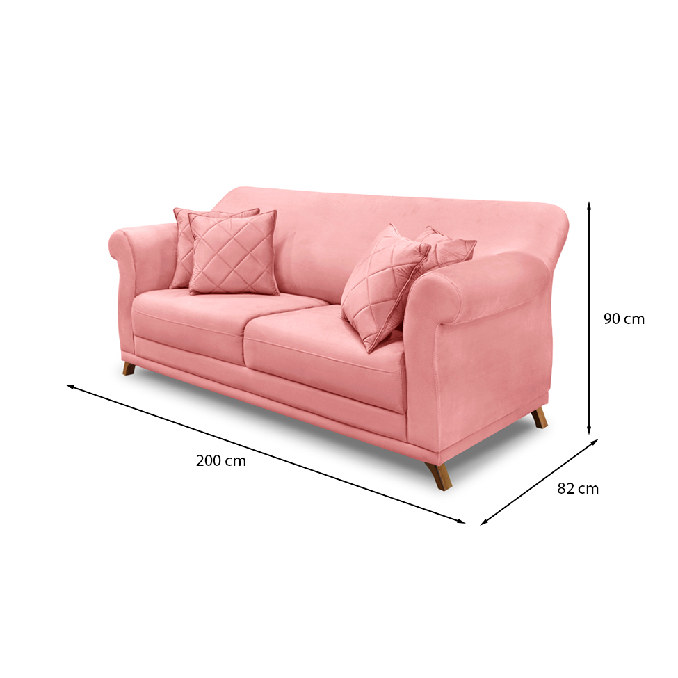 Sofá 3 Lugares Abruzzo Veludo Rosa 200 cm