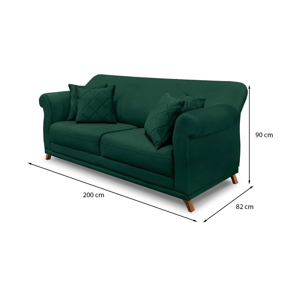 Sofá 3 Lugares Abruzzo Veludo Verde 200 cm