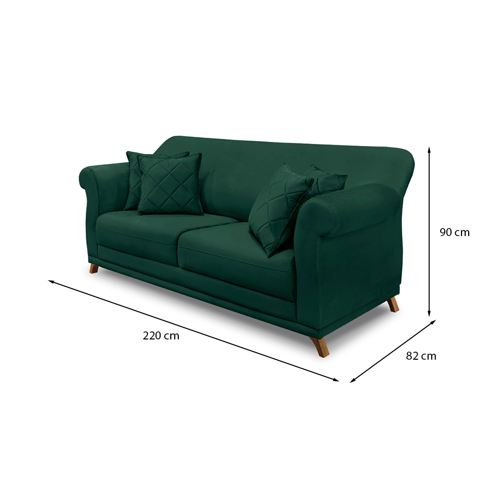 Sofá 3 Lugares Abruzzo Veludo Verde 220 cm