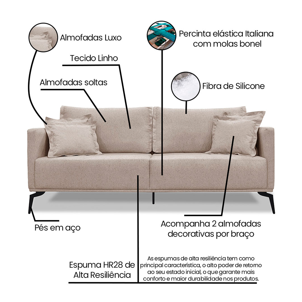 Sofá 3 Lugares Lazio Linho Rústico Areia 180 cm