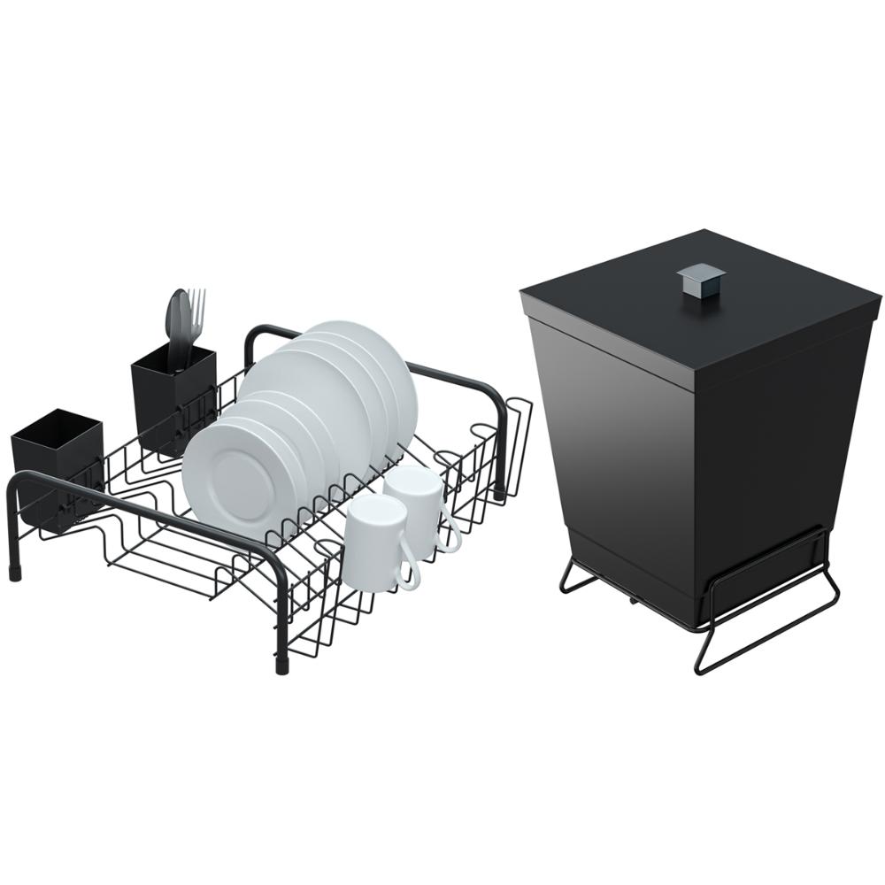 Conjunto Para Pia De Cozinha Lixeira Quadrada 6,5L E Escorre