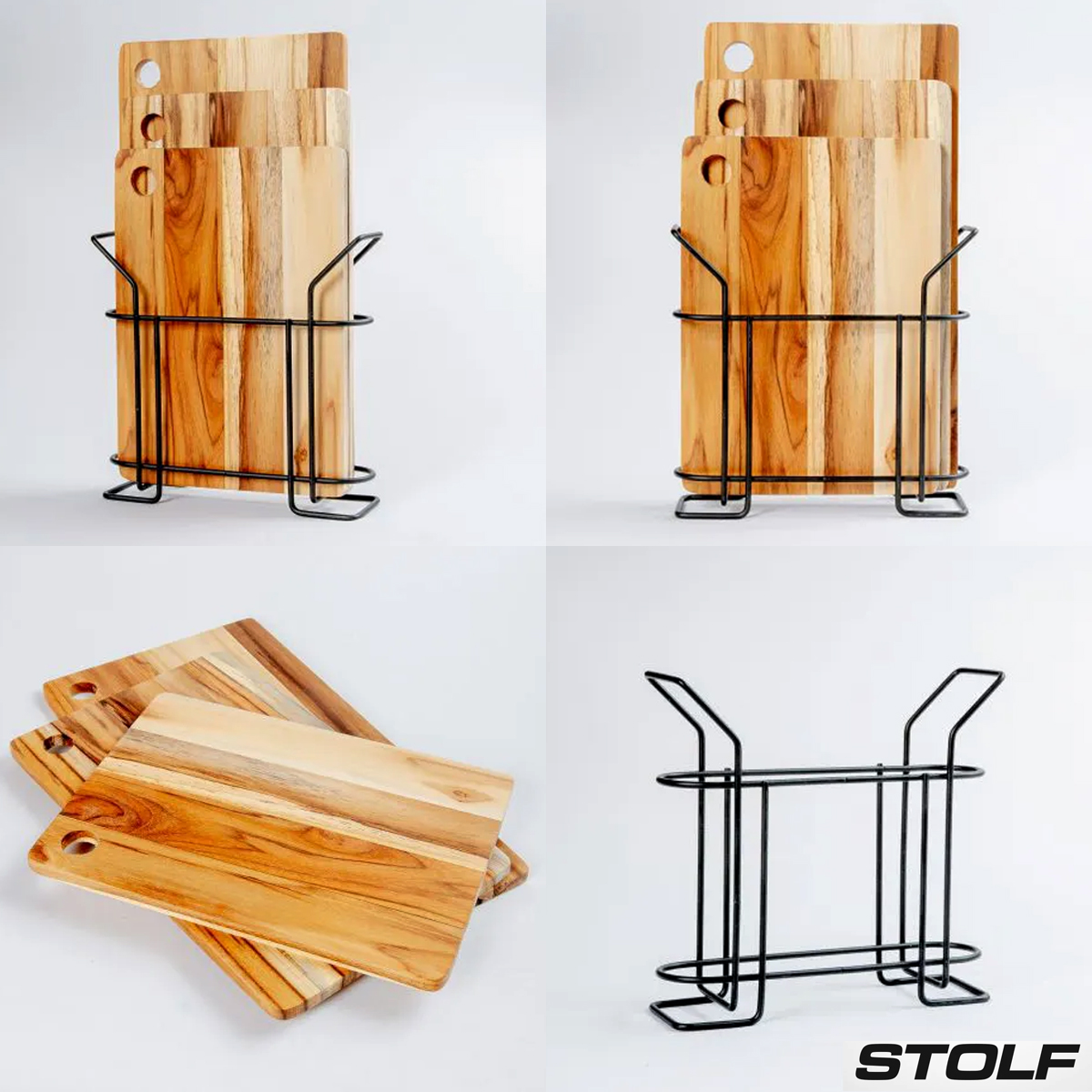 Kit 3 Tábuas De Corte Madeira Teca Com Suporte Aramado De Metal Preto Stolf