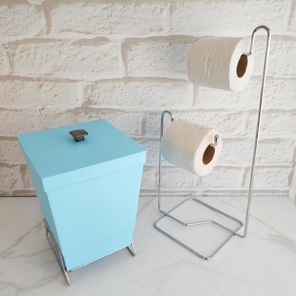 Lixeira para Banheiro Plástica com Suporte Cromado e Anel Interno 6,5L com Tampa Stolf Azul