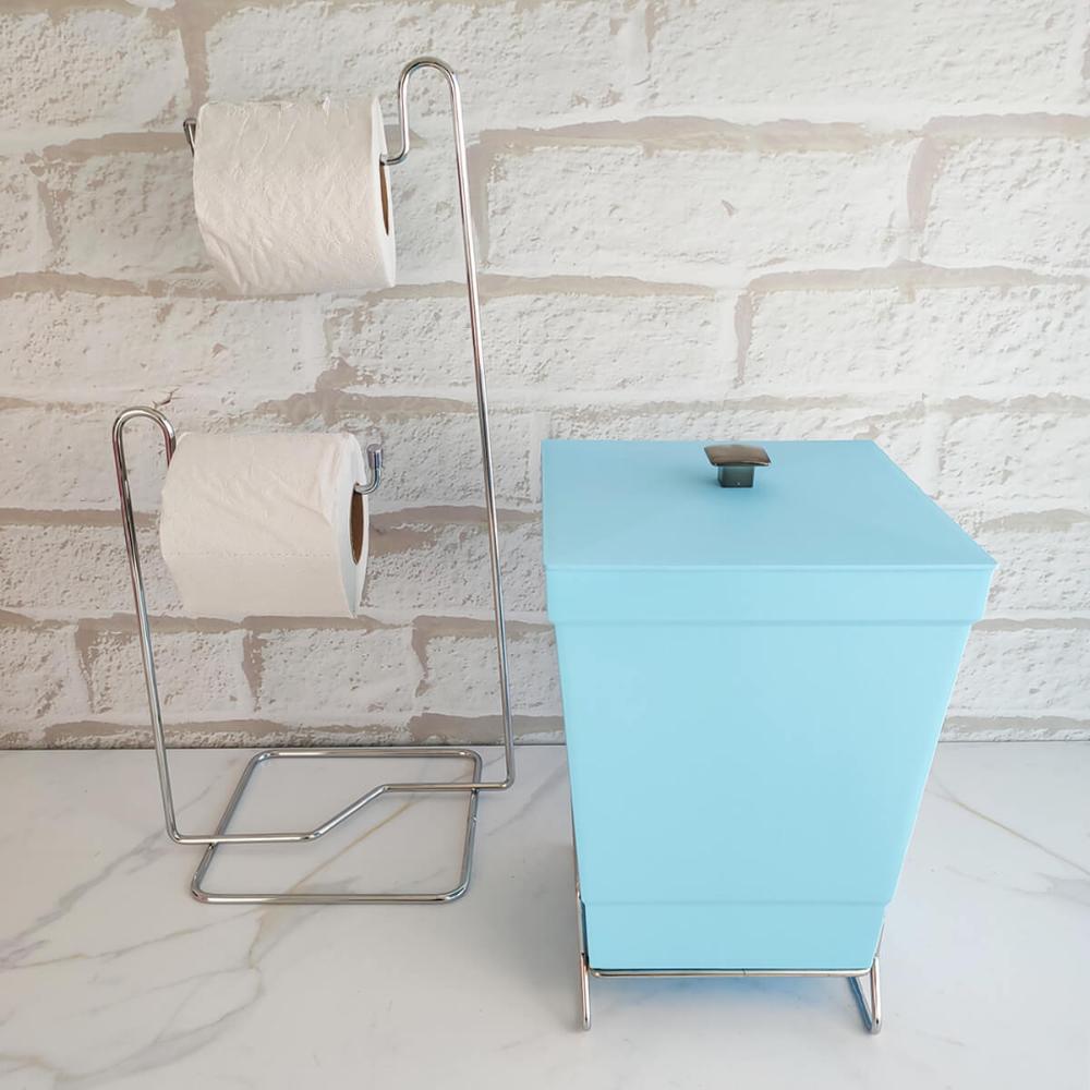 Lixeira para Banheiro Plástica com Suporte Cromado e Anel Interno 6,5L com Tampa Stolf Azul