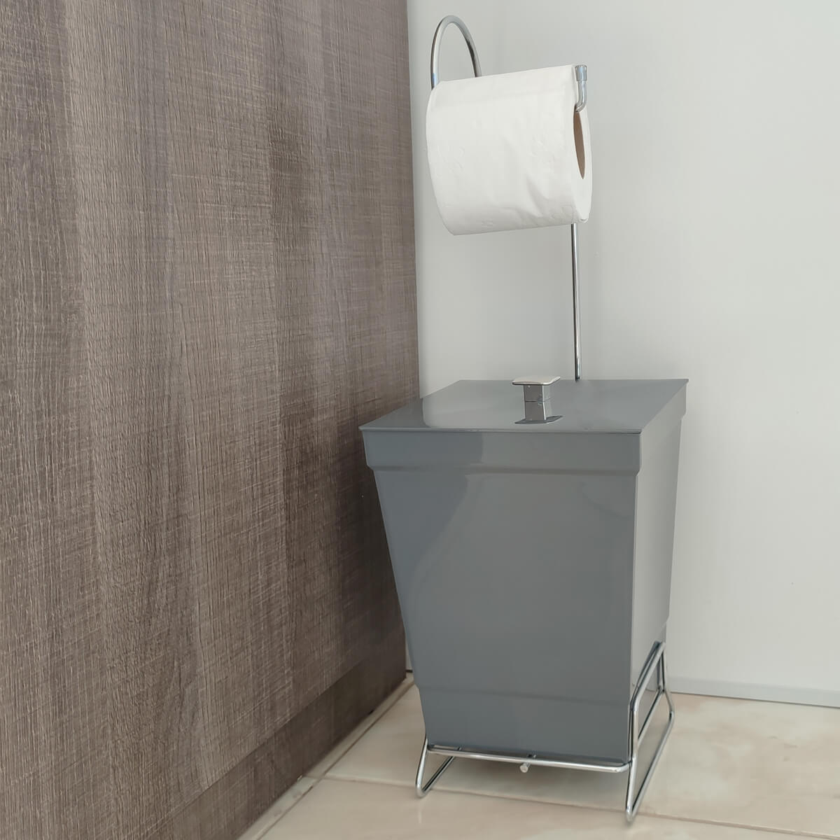 Suporte Para Papel Higiênico Com Lixeira De Chão Banheiro Cinza