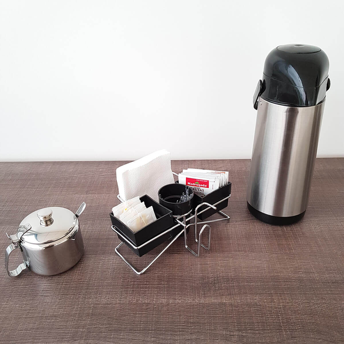 Suporte Porta Sachês Açúcar Mexedor Adoçante Chás Organizador para Mesa do Café Preto