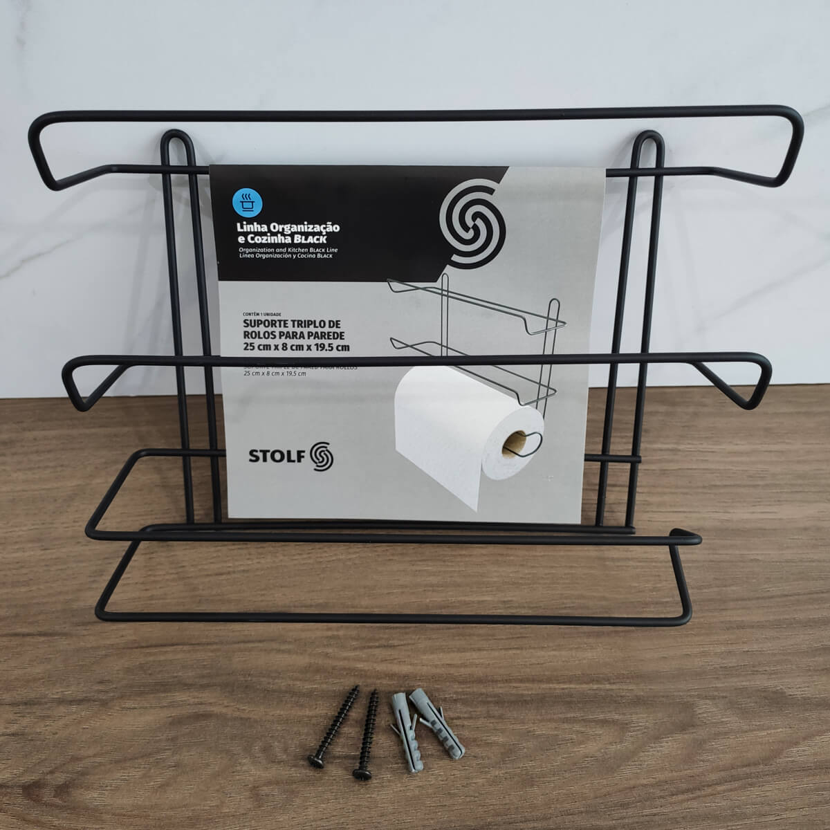 Suporte Rolos Porta Papel Toalha Alumínio PVC Plástico Filme de Parede Preto Stolf