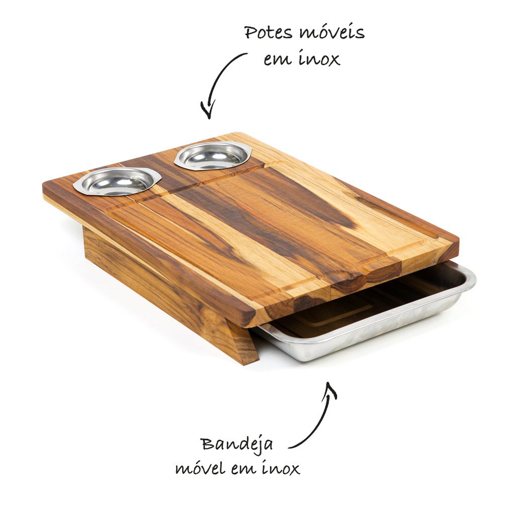 Tábua de Carne de Madeira com Bandeja e 2 Potes Inox - Stolf