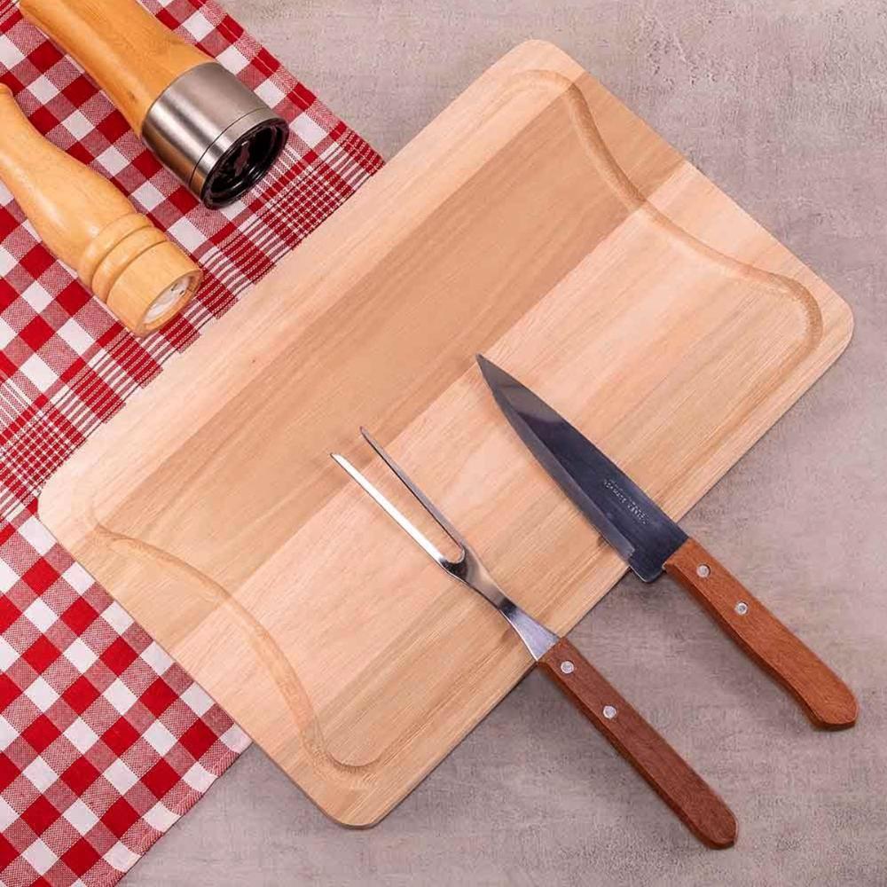 Tábua de Madeira para Churrasco 39x25cm com Garfo e Faca em