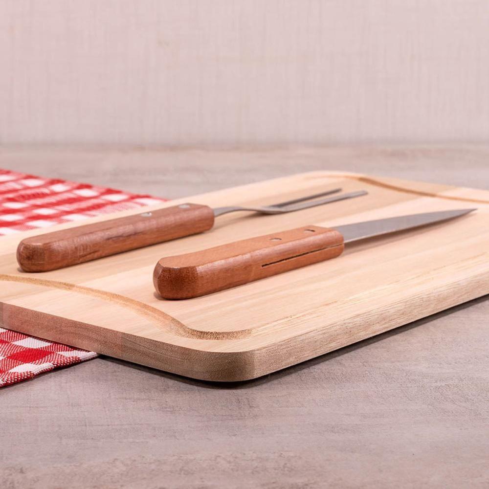 Tábua de Madeira para Churrasco 39x25cm com Garfo e Faca em