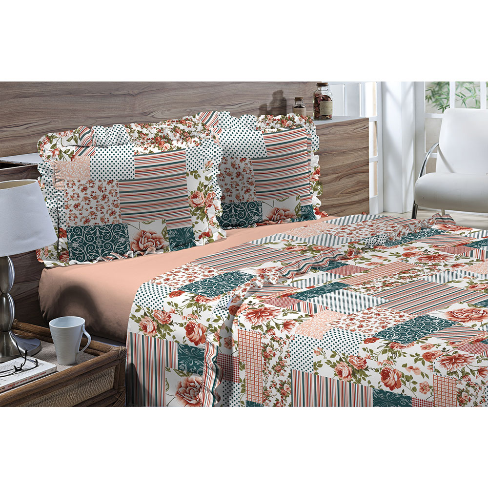 Jogo de Cama Casal 180 fios Romantique Patchwork Salmão 4 peças Textil Lar