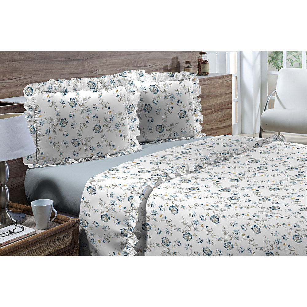 Jogo de Cama Queen 180 fios Romantique Azul Claro 4 peças Textil Lar