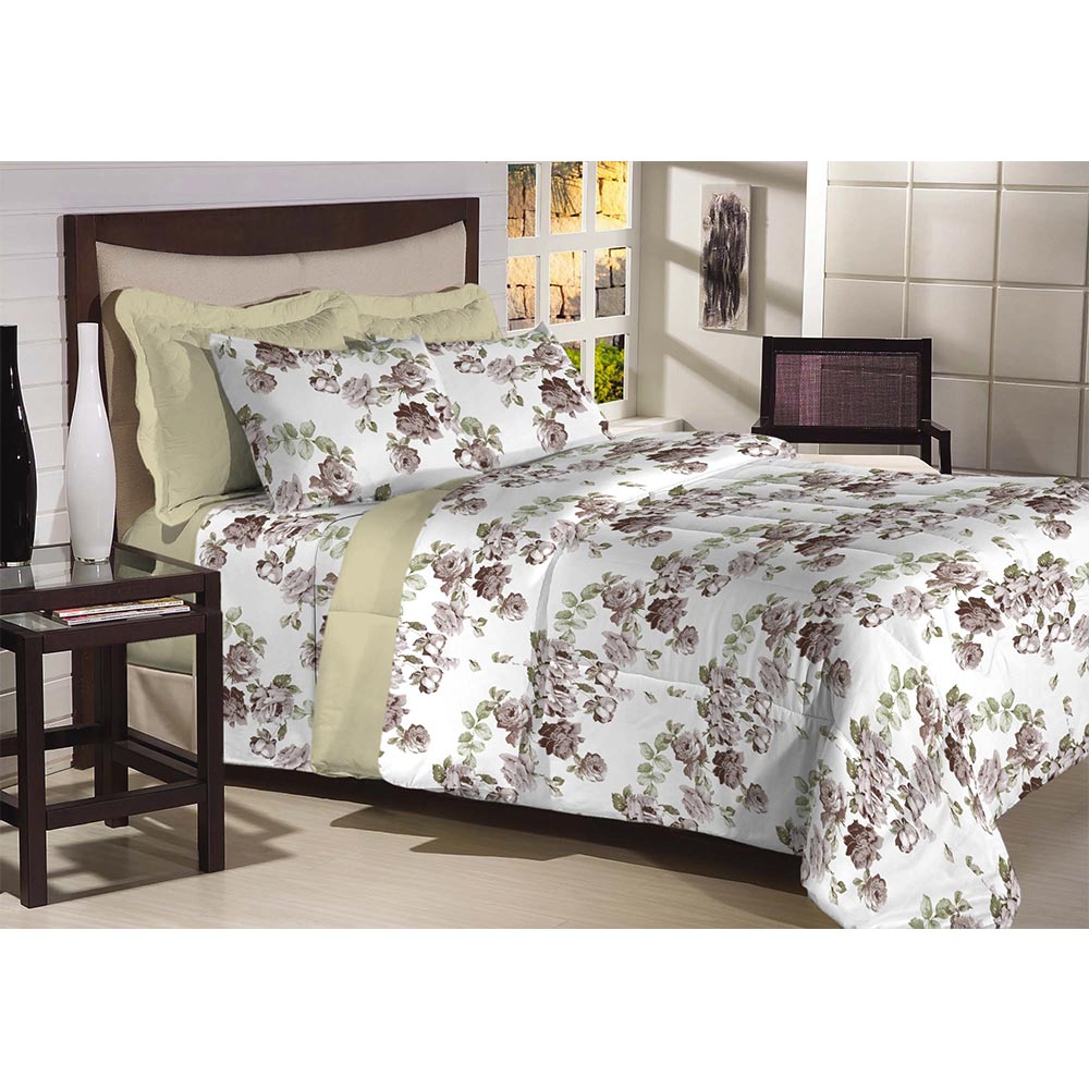 Jogo de Cama Queen 200 fios Top Confort Verde Floral 4 peças Textil Lar