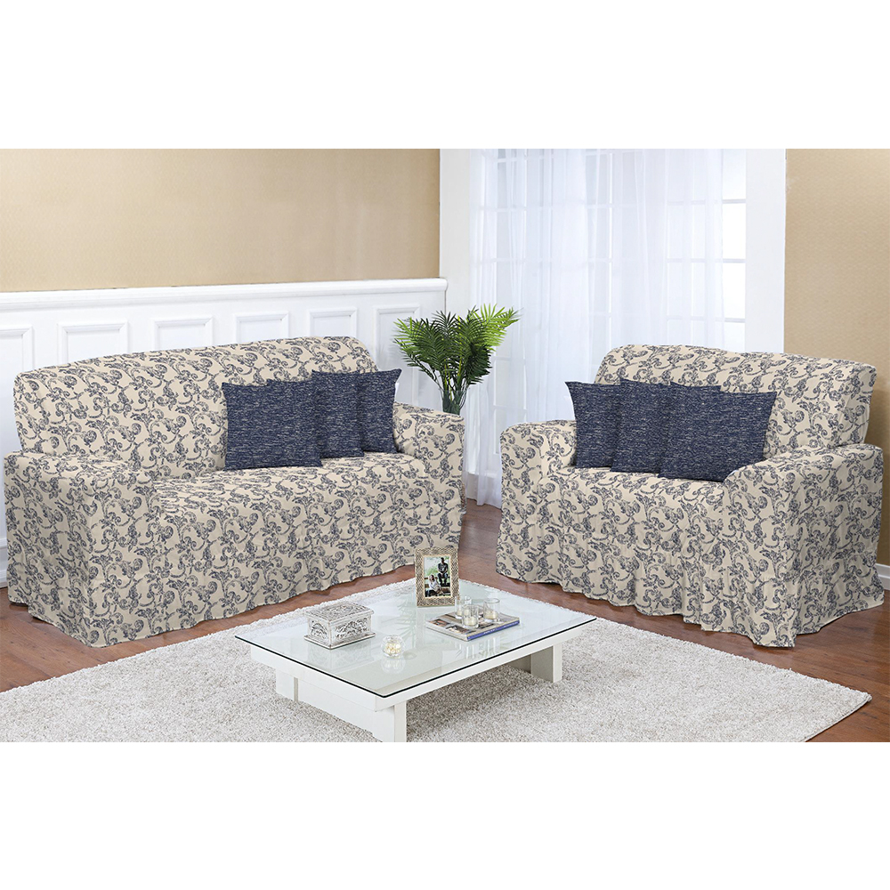 Kit Capa de Sofá 2 e 3 lugares Decore Azul Marinho Estampado 2 peças Textil Lar