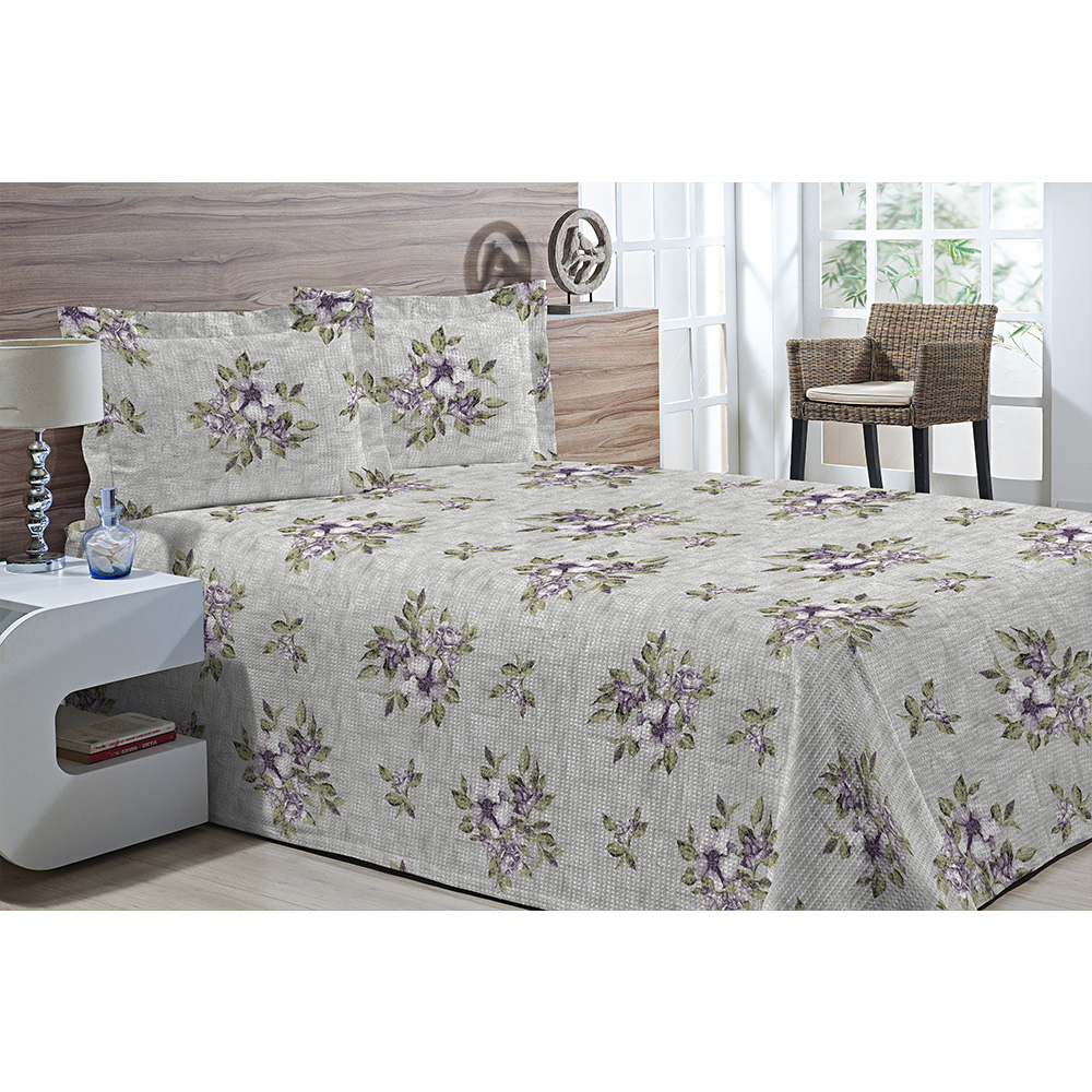 Kit Colcha Piquet Favo Solteiro Top Confort Verde Floral 2 peças Textil Lar