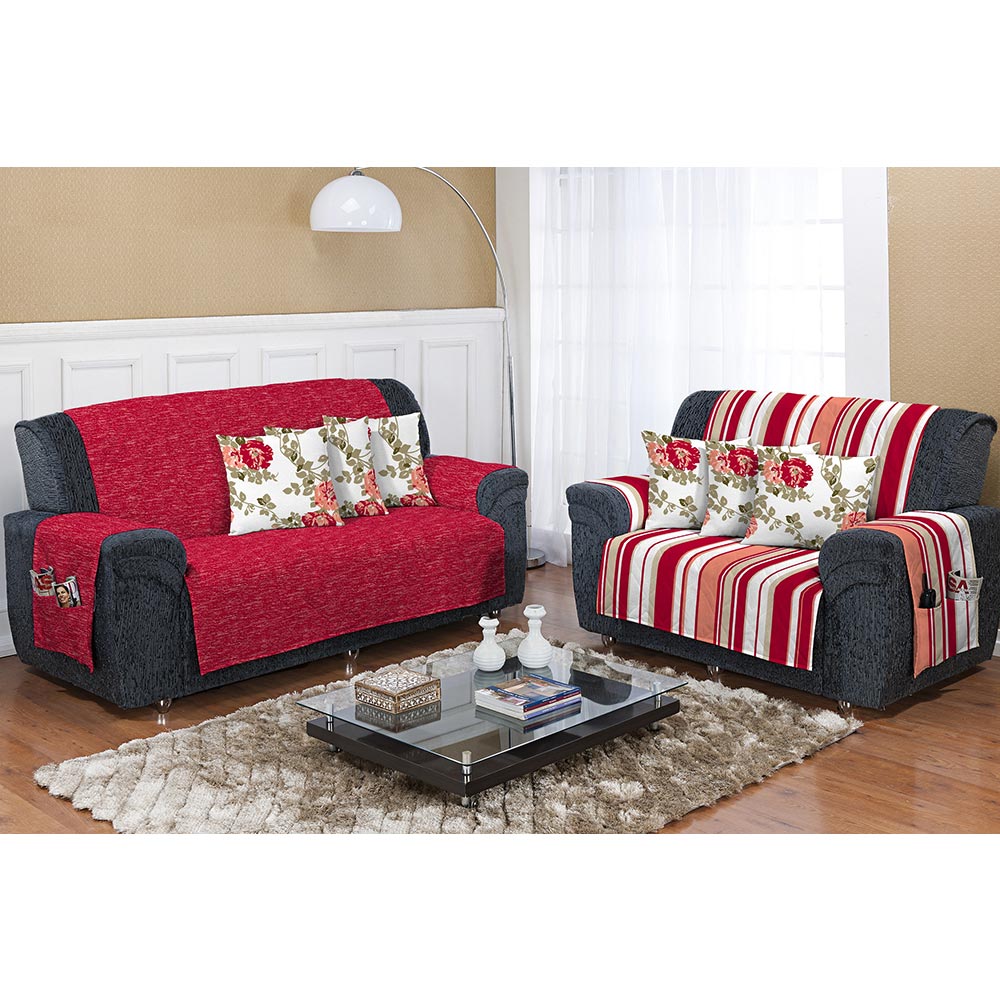 Kit Protetor de Sofá Dupla Face 2 e 3 lugares Decore Vermelho Listrado 2 peças Textil Lar