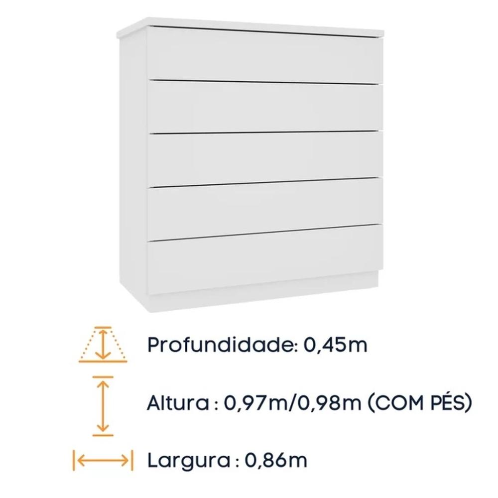 Cômoda Premium Branco 5 Gavetas Móveis Tcil