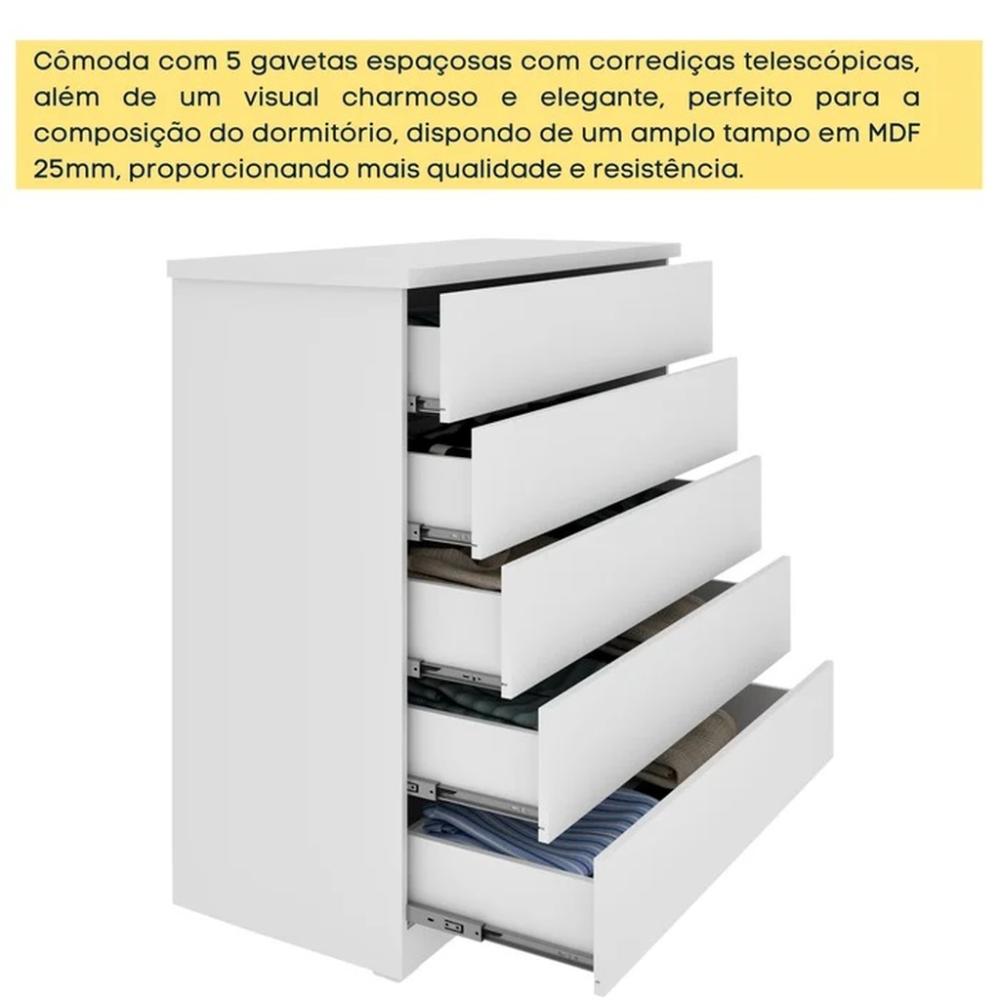 Cômoda Premium Branco 5 Gavetas Móveis Tcil