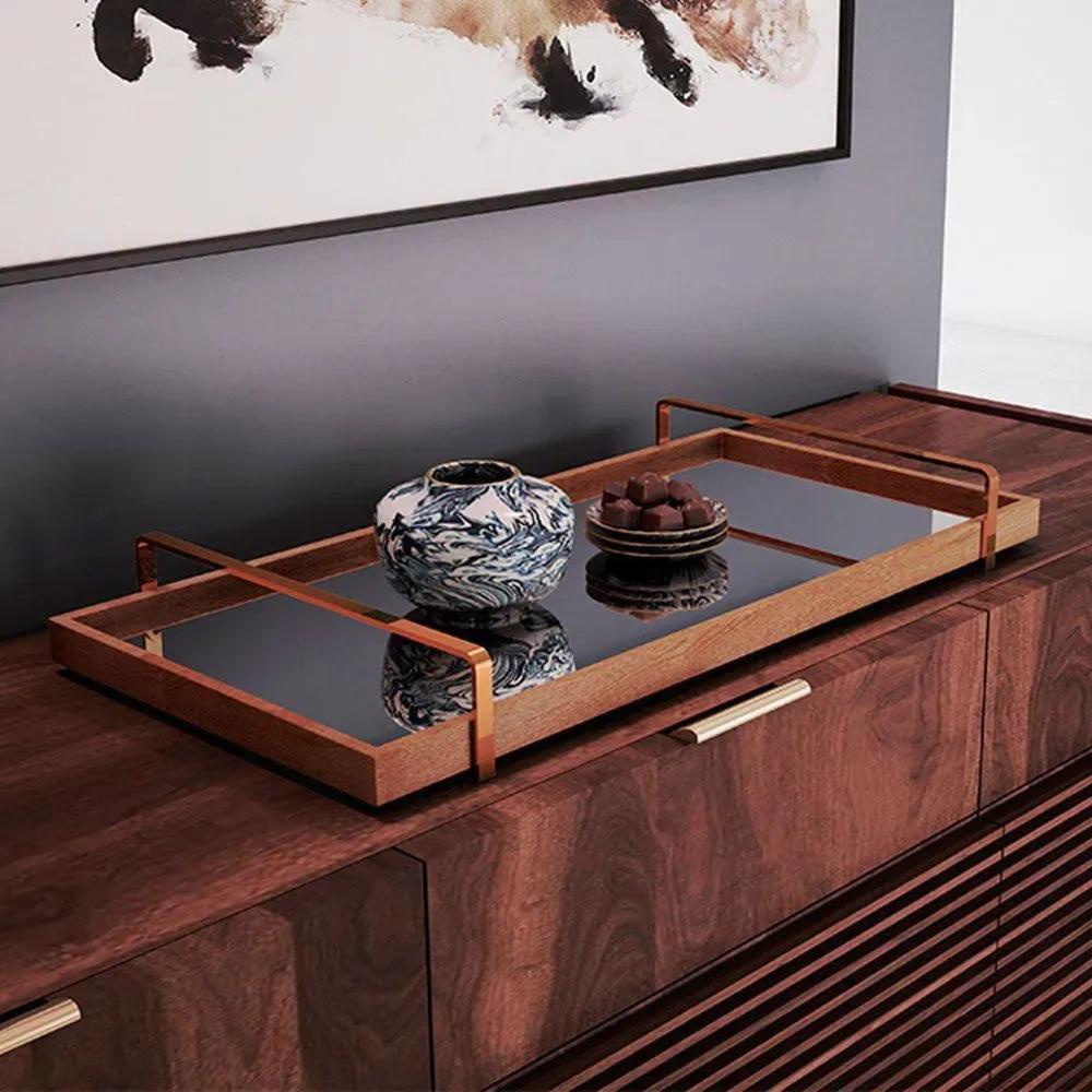 Bandeja Espelhada MDF Laminado Castanho com Alça em Metal Cobre