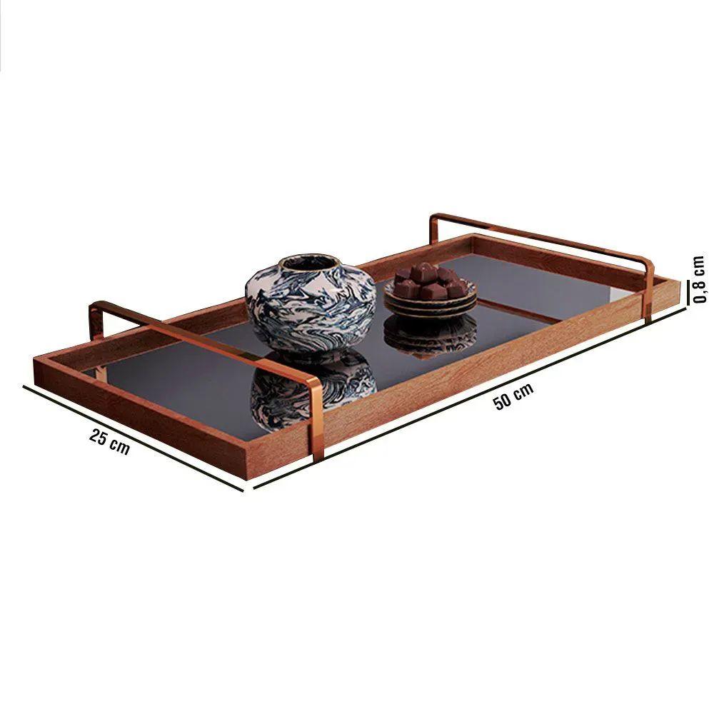 Bandeja Espelhada MDF Laminado Castanho com Alça em Metal Cobre