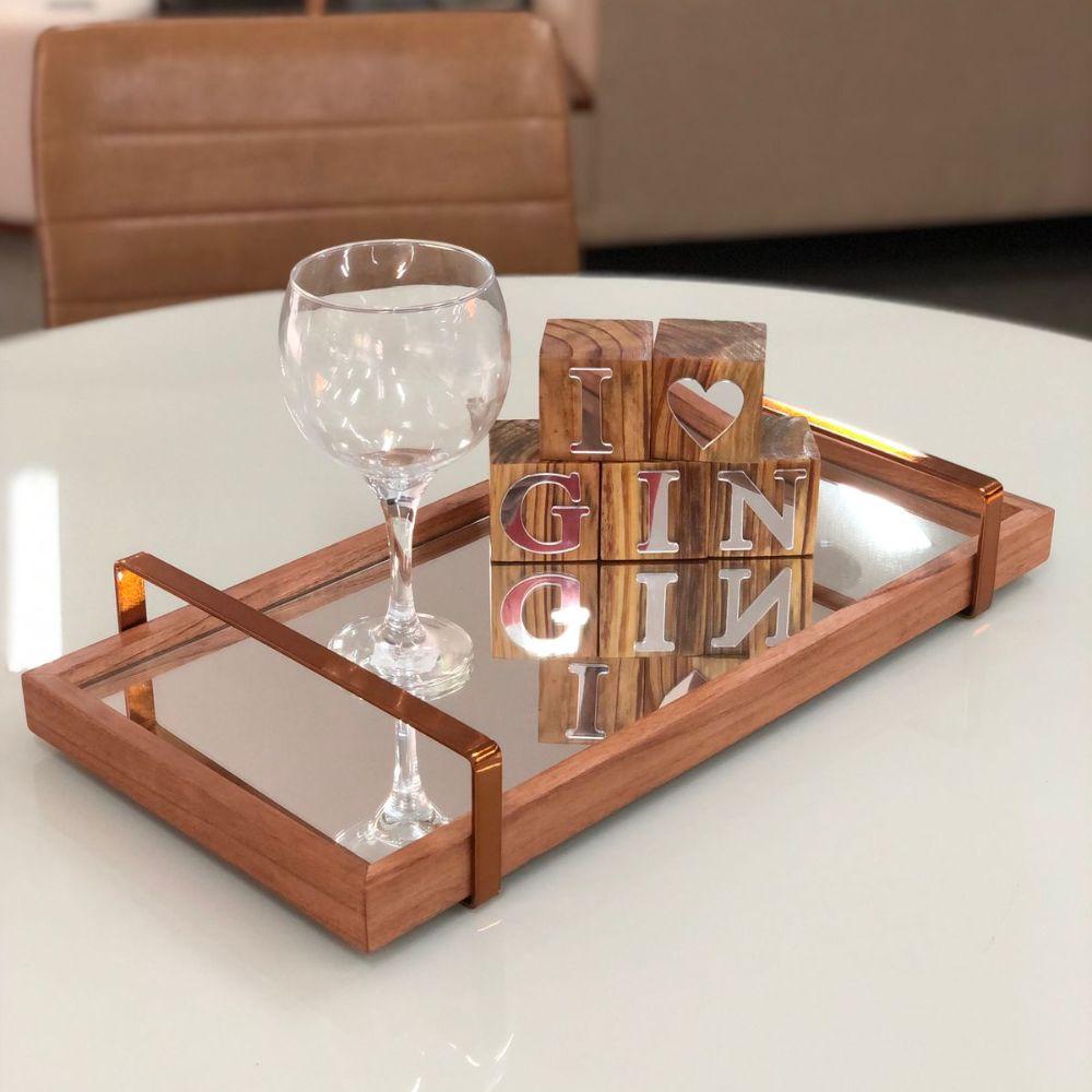Bandeja Espelhada MDF Laminado Castanho com Alça em Metal Cobre