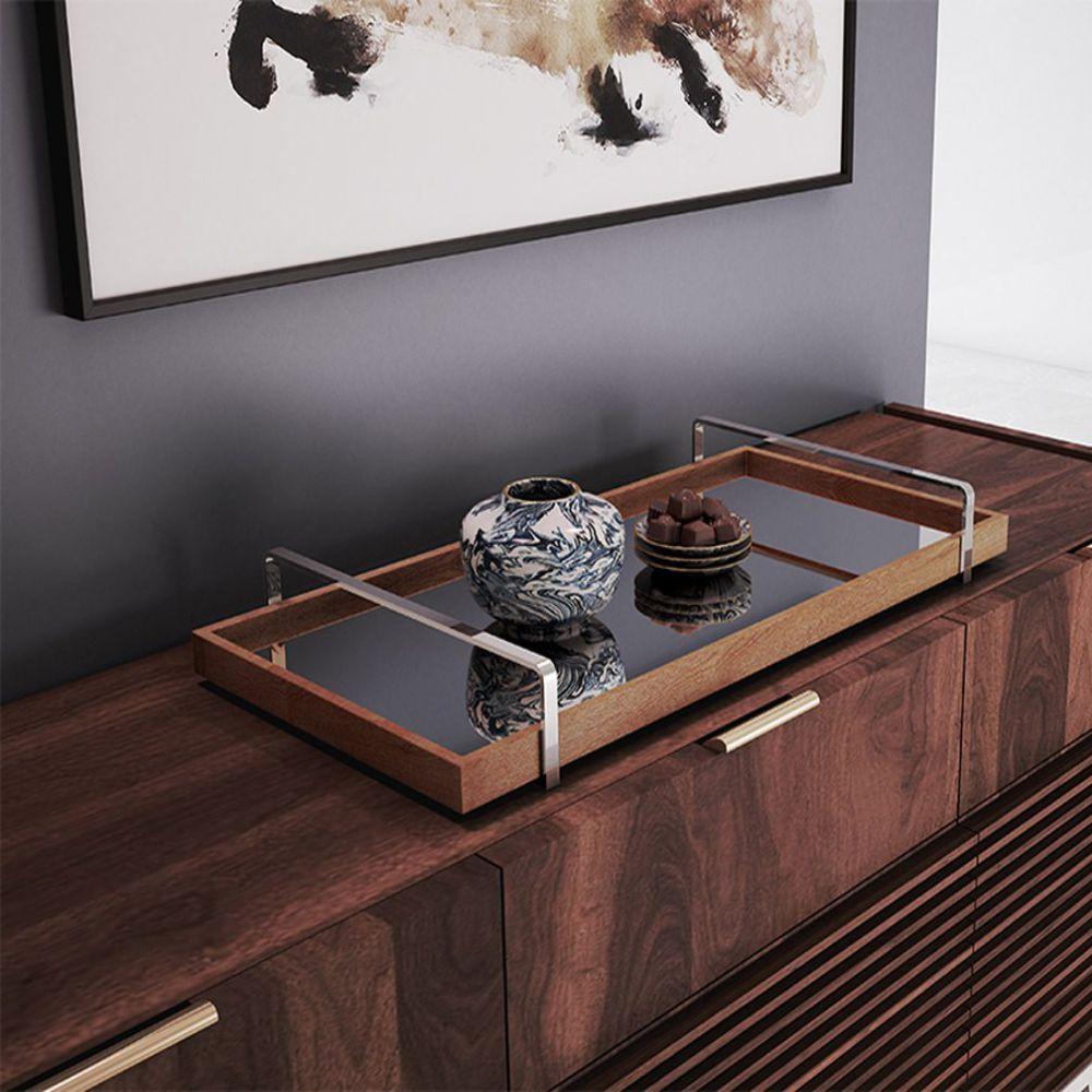 Bandeja Espelhada MDF Laminado Castanho com Alça em Metal Cromado