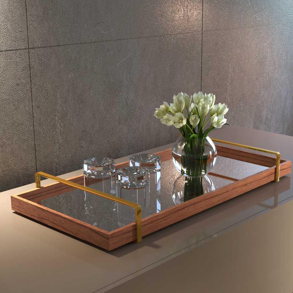 Bandeja Espelhada MDF Laminado Castanho com Alça em Metal Dourado