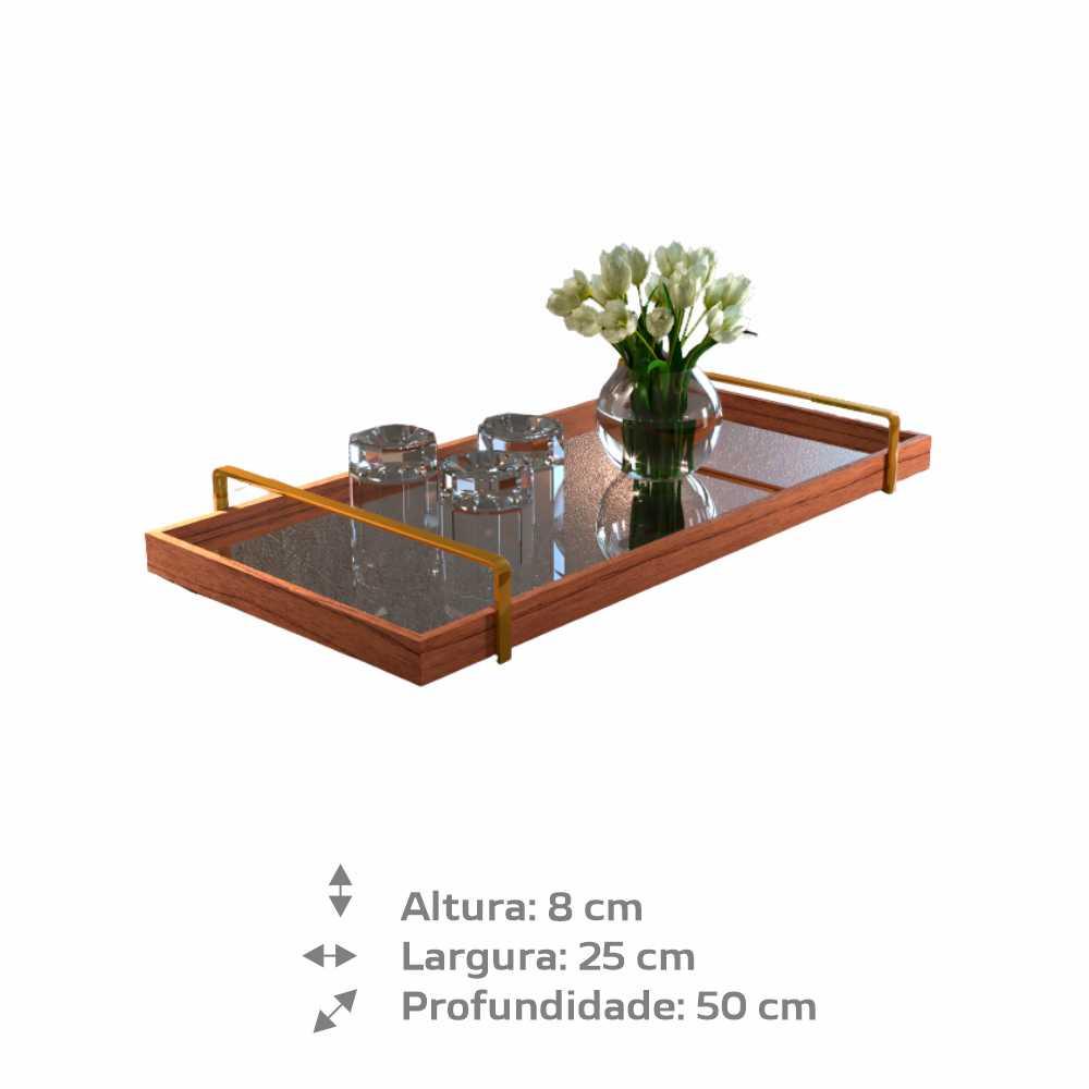 Bandeja Espelhada MDF Laminado Castanho com Alça em Metal Dourado