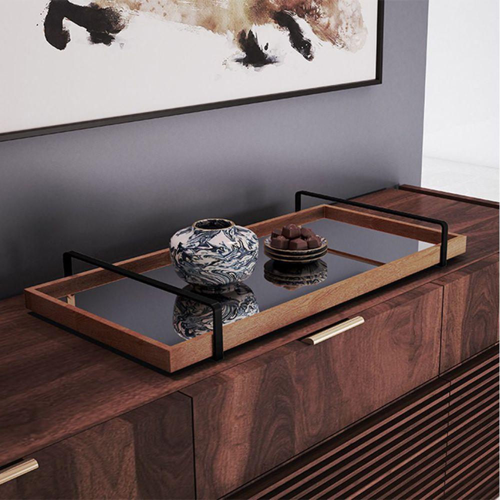 Bandeja Espelhada MDF Laminado Castanho com Alça em Metal Preto