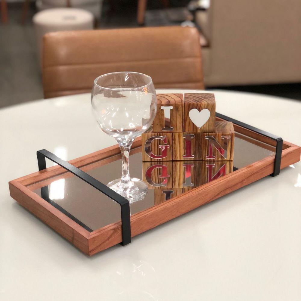 Bandeja Espelhada MDF Laminado Castanho com Alça em Metal Preto