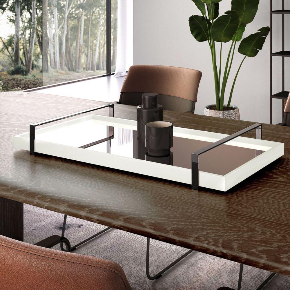Bandeja Espelhada MDF Laqueado Branco com Alça em Metal Cromado