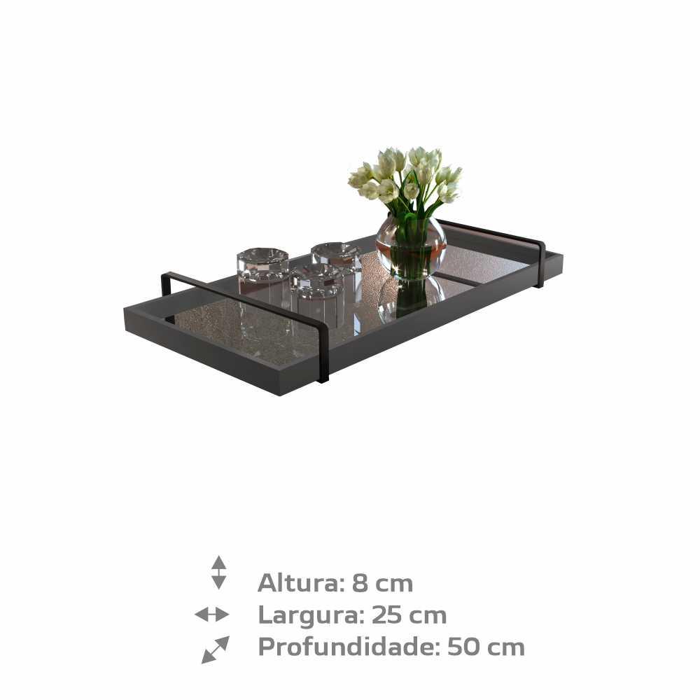 Bandeja Espelhada MDF Laqueado Concreto com Alça em Metal Preto