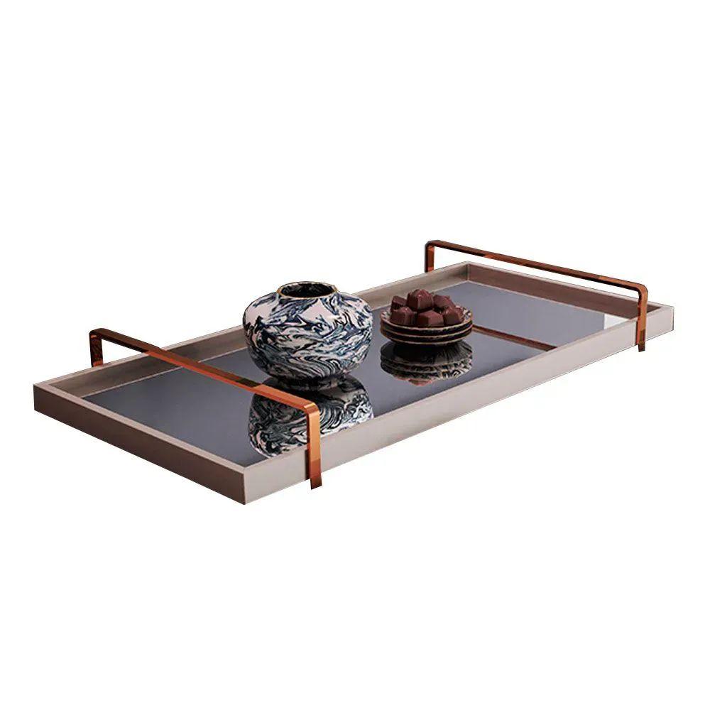 Bandeja Espelhada MDF Laqueado Off White com Alça em Metal Cobre