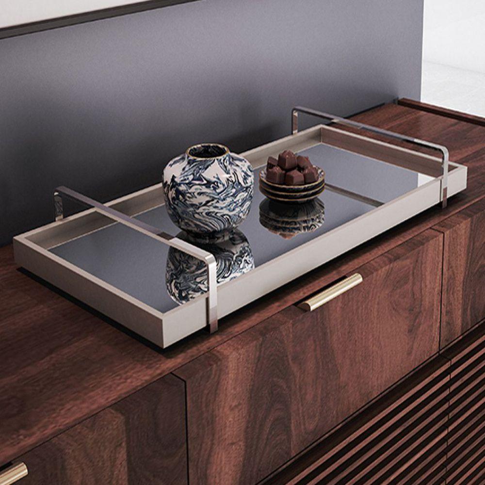 Bandeja Espelhada MDF Laqueado Off White com Alça em Metal Cromado