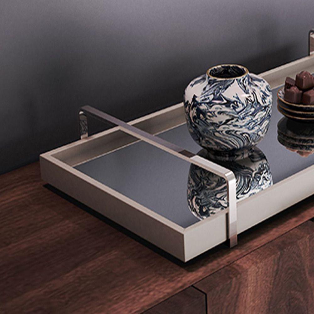 Bandeja Espelhada MDF Laqueado Off White com Alça em Metal Cromado