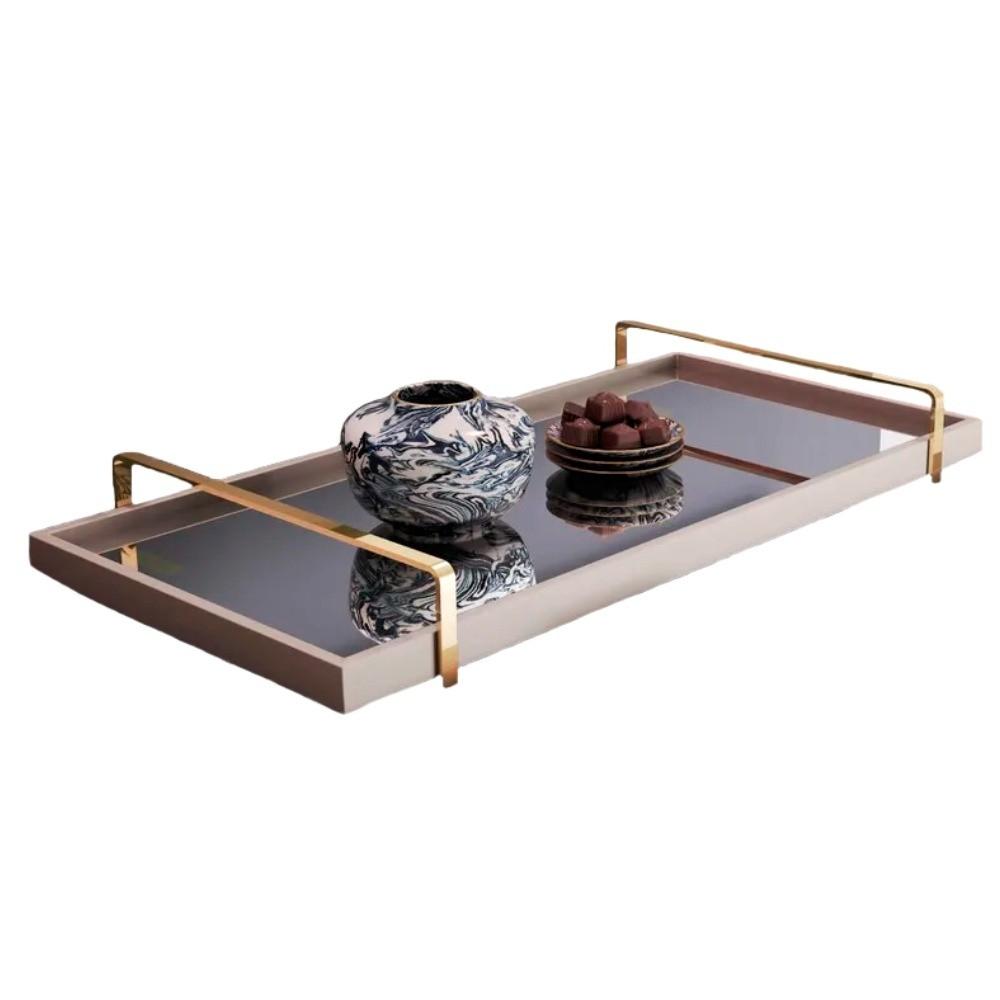 Bandeja Espelhada MDF Laqueado Off White com Alça em Metal Dourado