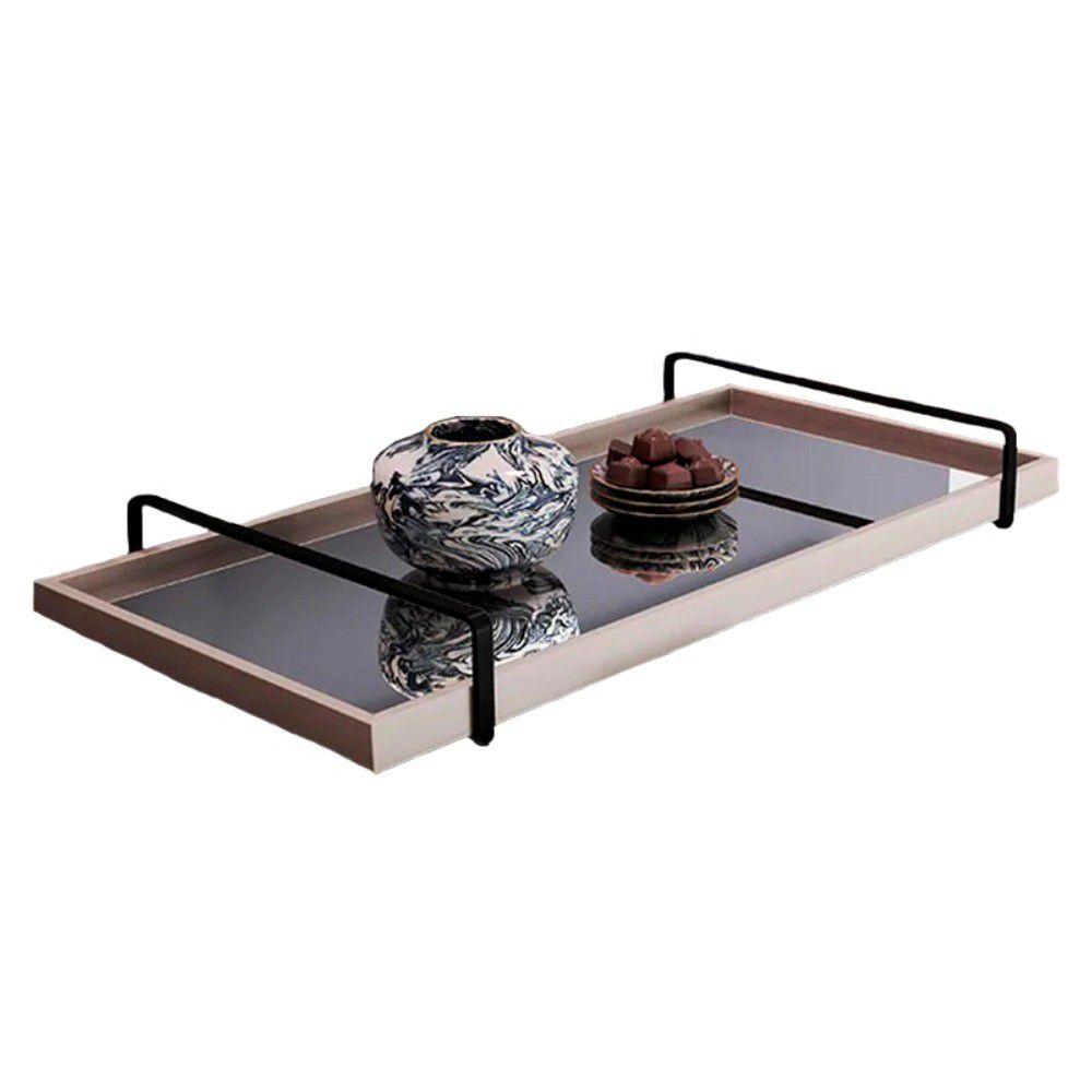 Bandeja Espelhada MDF Laqueado Off White com Alça em Metal Preto