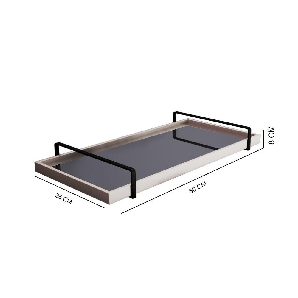 Bandeja Espelhada MDF Laqueado Off White com Alça em Metal Preto
