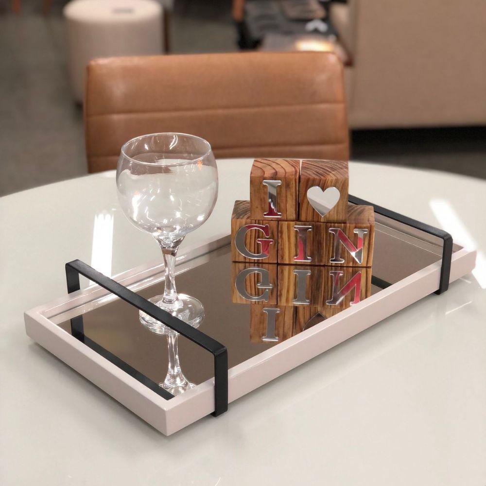 Bandeja Espelhada MDF Laqueado Off White com Alça em Metal Preto
