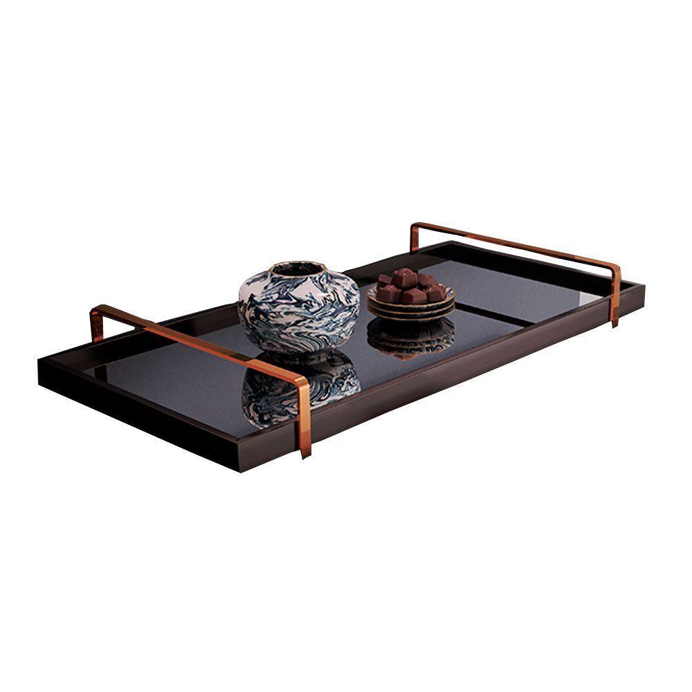 Bandeja Espelhada MDF Laqueado Preto com Alça em Metal Cobre
