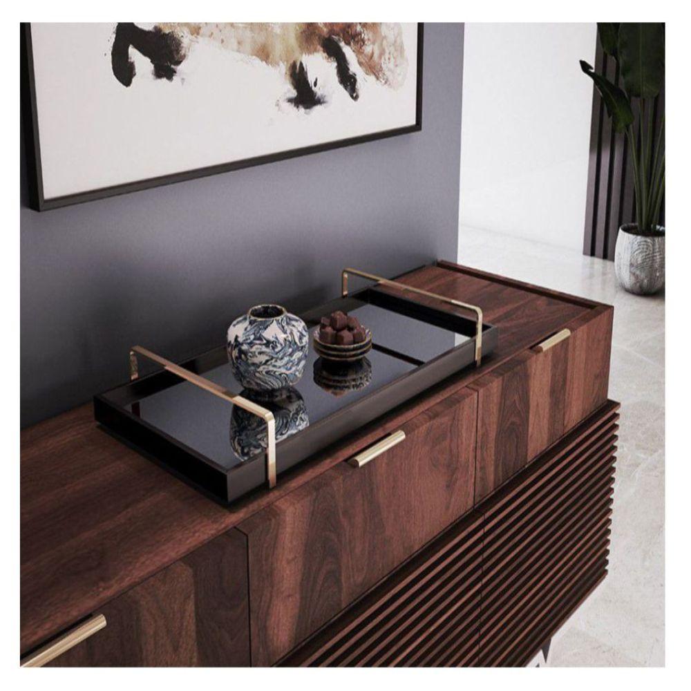 Bandeja Espelhada MDF Laqueado Preto com Alça em Metal Cobre
