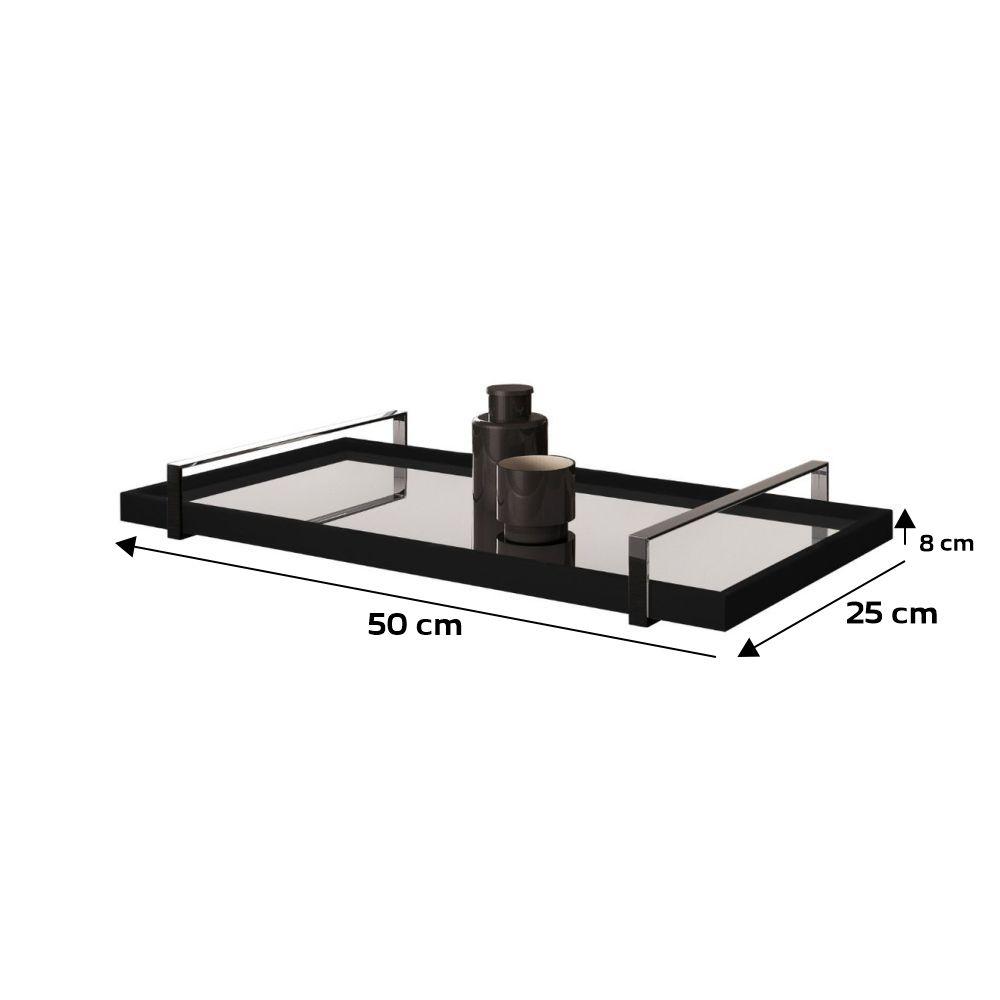 Bandeja Espelhada MDF Laqueado Preto com Alça em Metal Cromado