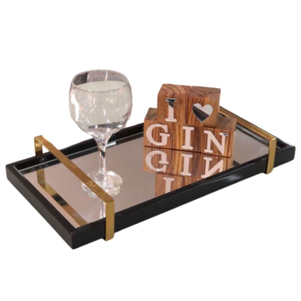 Bandeja Espelhada MDF Laqueado Preto com Alça em Metal Dourado