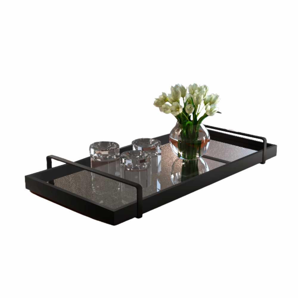 Bandeja Espelhada MDF Laqueado Preto com Alça em Metal Preto