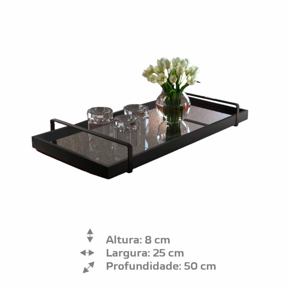 Bandeja Espelhada MDF Laqueado Preto com Alça em Metal Preto